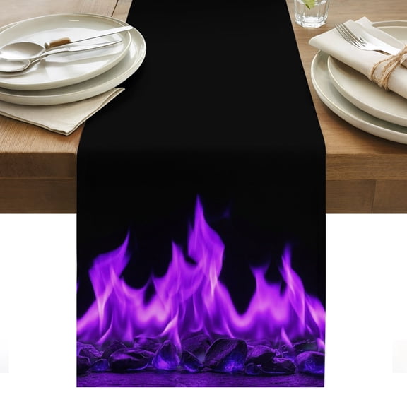 Purple Flames Table Runner, Neon Style Black Background Washable Kitchen Table Runners Dress Scarves for Dining Table Decorations Party/Restaurant/Indoor Outdoor Use, 13x48in