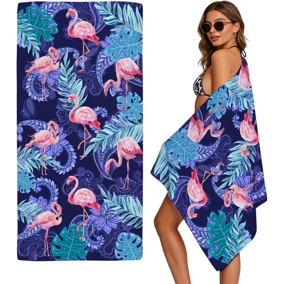 Purple Flamingo Tropical Microfiber Beach Towel Oversized Quick-Dry Sandless Lightweight Absorbent Pool Yoga Cruise Camping Travel Bath Wrap 36x71 Inch