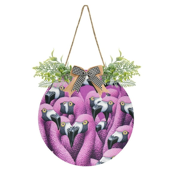 Purple Flamingos Front Door Porch Decoration Hanging Sign with Artificial Green Plants and Bow for Home Outdoor Indoor