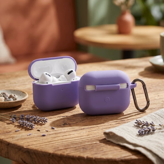 Purple Flat Base Silicone Case for AirPods Pro & Pro 2 – Stable Bottom Cover with Gray Carabiner
