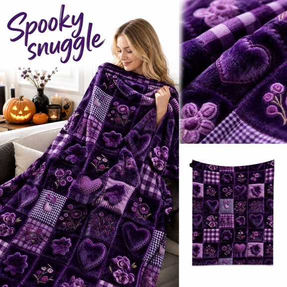 Purple Fleece Throw Blanket with Plaid Floral Design, Soft Cozy Halloween Blanket for Couch Bed, Halloween Throw 1 Pack