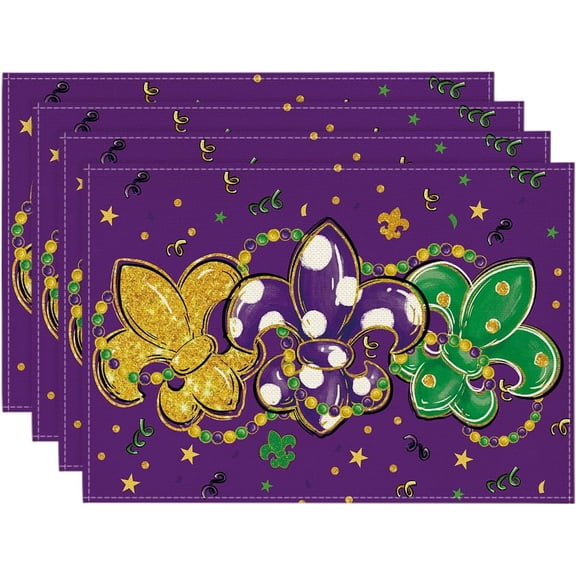 Purple Fleur De Lis Carnival Mardi Gras Placemats Set of 4, 12x18 Inch Seasonal Spring Holiday Table Mats for Party Kitchen Dining Decoration