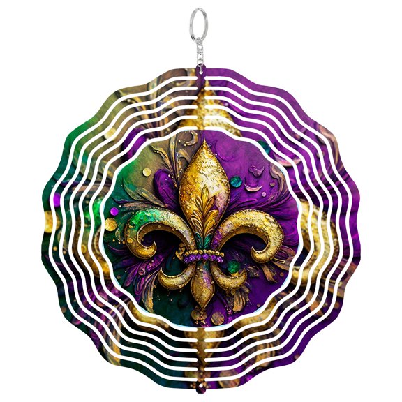 Purple Fleur De Lis Mardi Gras 3D Wind Spinner, Stainless Steel Festival Garden Art, Round