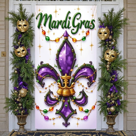 Purple Fleur-de-lis Mardi Gras Banner Colorful Beads Carnival Display Gold Stars Ornate Design Fleur-de-lis Backdrop for Carnival Parties Festive Celebrations Parade Decorations