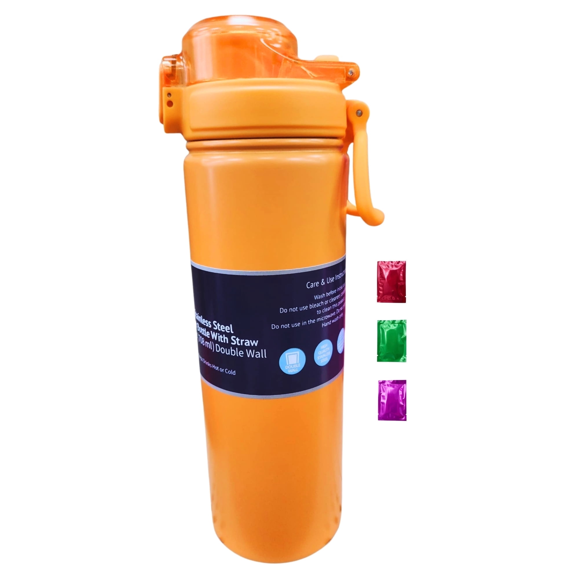 Orange Flip Straw Water Bottle with Handle 24 Oz 1 Pack, Double Walled  Stainless Steel Tumbler for Hot or Cold Drinks Gym Travel Office Car School  ...