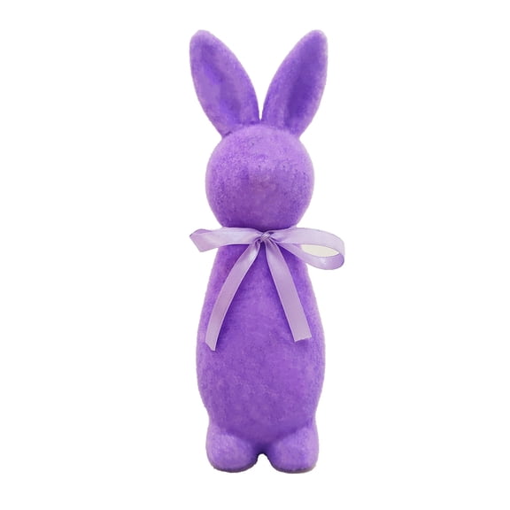 Purple Flocked Bow Tie Bunny Easter Decoration, Fuzzy Plush Rabbit Figurine For Spring Centerpiece, Cute Tabletop Mantel Decor