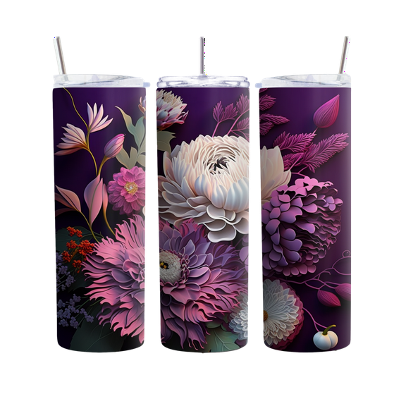 Purple Floral 20oz Stainless Steel Tumbler, 3D Flower Design Insulated Drinkware, Gift for Purple and Floral Lovers
