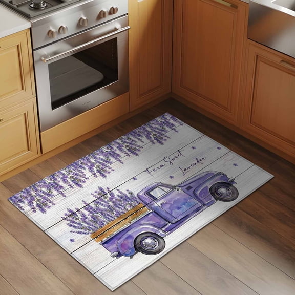 Purple Floral 2x3 Rug for Entryway Front Door Kitchen Sink Area, Farm Sweet Lavender Truck Rustic Wood Grain Low Pile Washable Non Slip Rectangle Area Rug