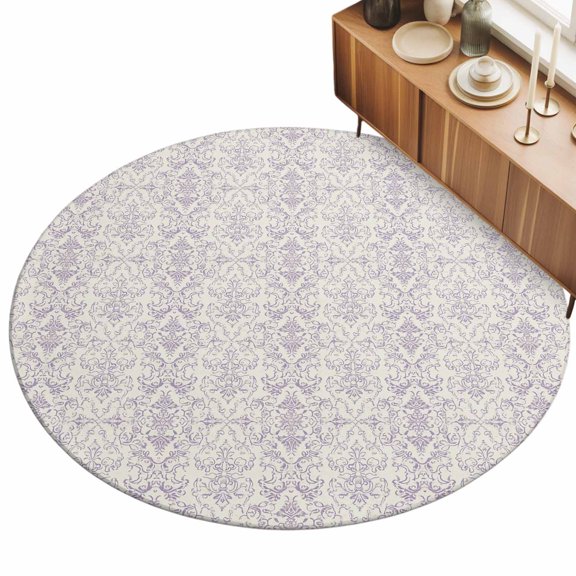 Purple Floral Area Rug, Ethnic Middle East Non-Slip Felt Rubber Backing Round Indoor Carpet Washable Rugs for Living Room Bedroom 3ft