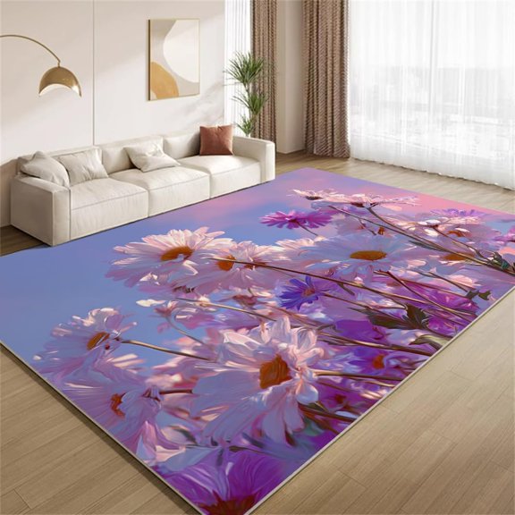 Purple Floral Area Rugs, Purple Flowers Oil Painting Spring Plants Carpet, Washable Non Slip Low Pile Soft Rug for Entryway Living Room Bedroom Decor Mat 3ftx5ft