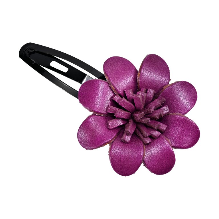 Purple Floral Barrette Genuine Leather Hair Pinch Clip 
