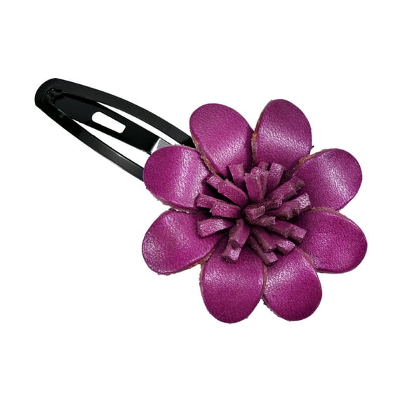 Purple Floral Barrette Genuine Leather Hair Pinch Clip