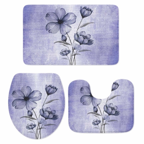 Purple Floral Bath Mat 3 Piece Bathroom Rug Set, Vintage Botanical Gradient Pastel Painting Non Slip Bath Rug Contour Mat and Toilet Lid Cover, Absorbent Shower Mats Soft Bath Rugs and Mats Sets