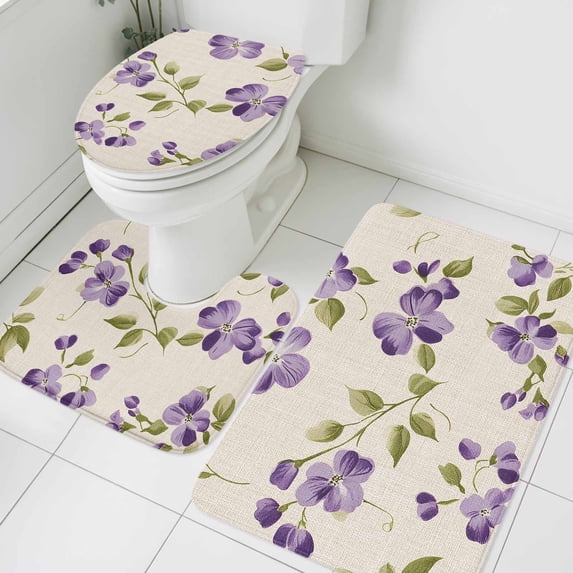 Purple Floral Bathroom Rugs Set Green Leaf Non Slip Absorbent Soft Bath Mats 3 Piece Set with Bathroom Rug, U-Shaped Floor Mat, Toilet Seat Cover Large Size