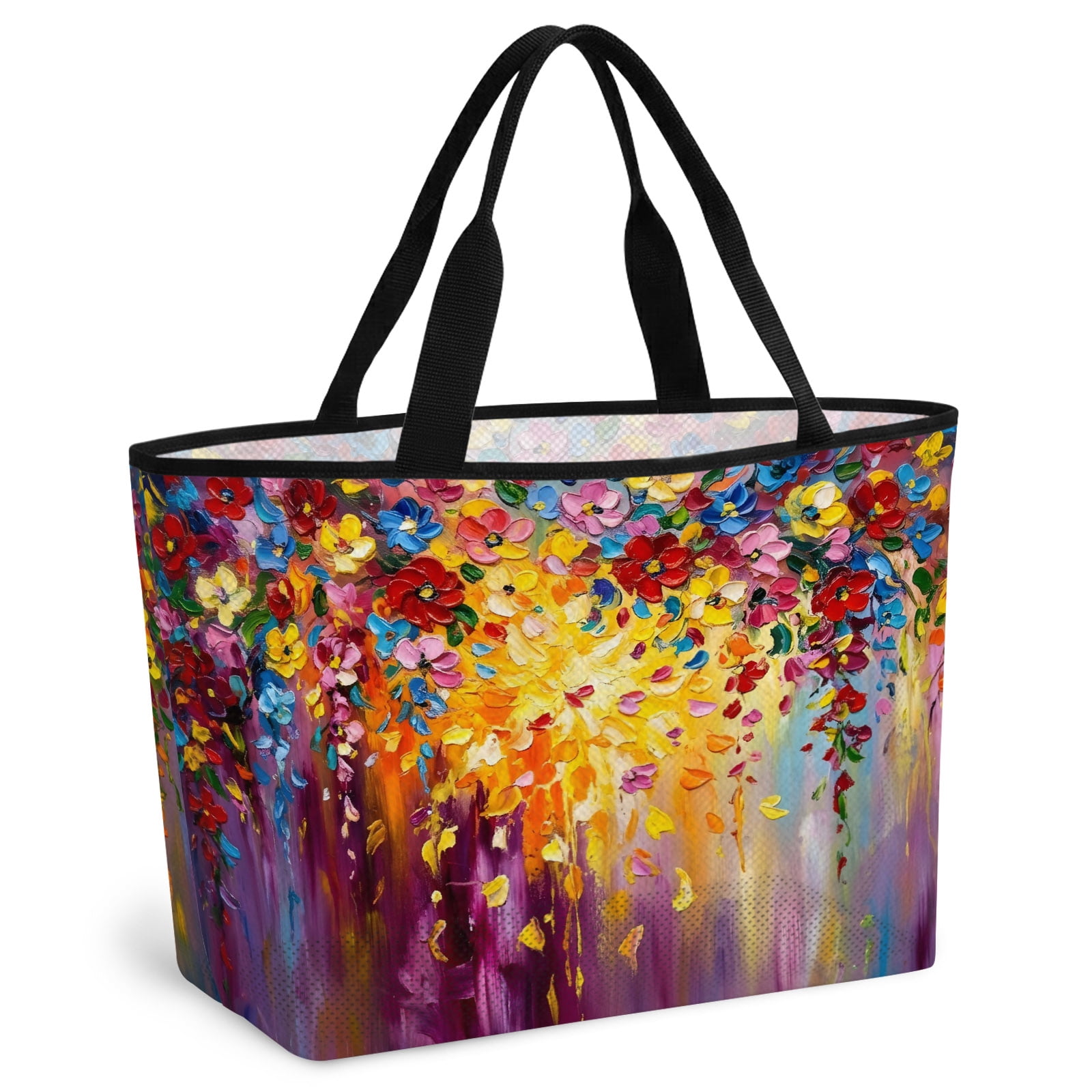 Purple Floral Beach Bag for Women, Large Breathable Mesh Beach Tote Bag, Modern Abstract Art Flowers Sandproof Lightweight Travel Bags for Vacation Picnic Swimming Pool 15.7"x15.7"x9.1"