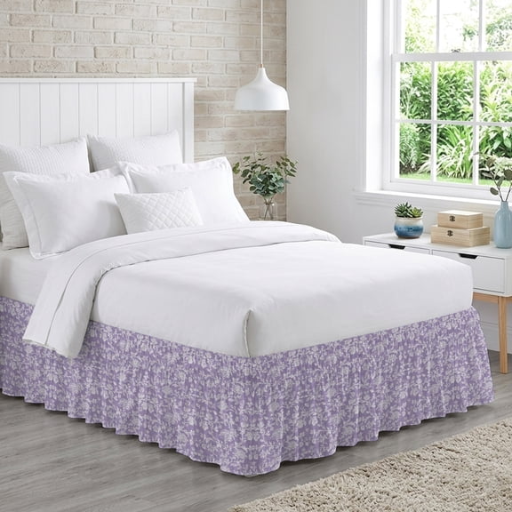Purple Floral Bed Skirt California King Size 18 Inch Drop, Pastoral White Lavender Petal Leaf Botanical Adjustable Elastic Dust Ruffles Bedskirt Wrap Around Pleated Mattress Frame Cover