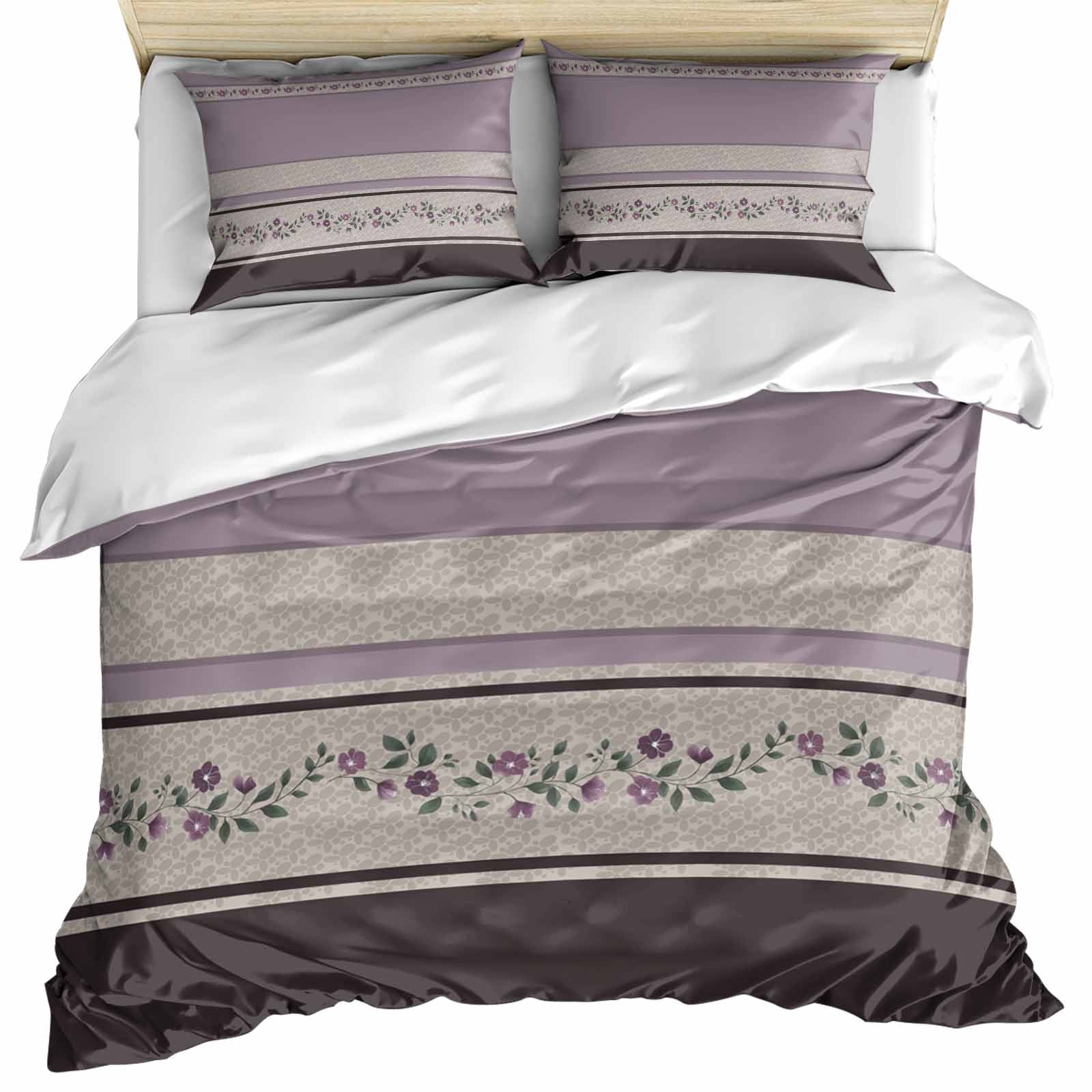Purple Floral Bedding 3 Piece Duvet Cover Set California King, Modern Farmhouse Leaves Brown Striped Microfiber Comforter Cover with Zipper Closure & Pillowcases, Wrinkle & FadeResistant Quilt Cover