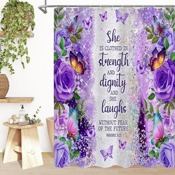Purple Floral Bible Verse Quotes Shower Curtain, Rustic Christian Scripture Flowers Butterfly Shower Curtains for Chic Bathroom Decor, Lavender Modern Shower Curtain, 72x72 Inch