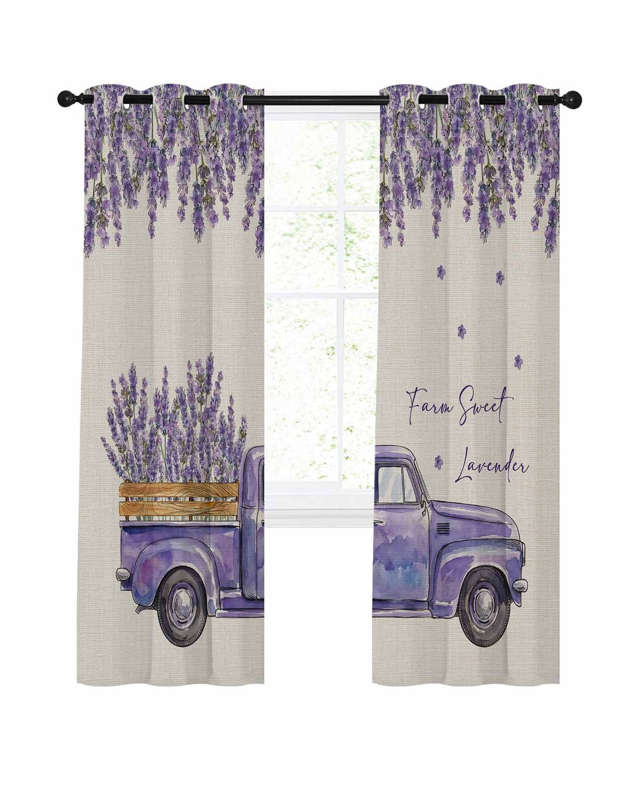 Purple Floral Blackout Curtains 63 Inch Length Farm Sweet Lavender Truck Rustic Linen Texture Thermal Insulated Window Curtain Window Drapes 2 Panels for Bedroom Living Room 52"Wx63"L