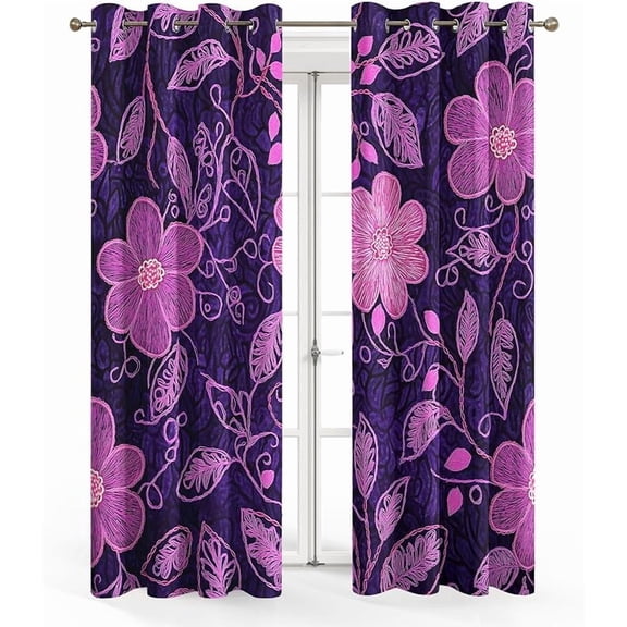Purple Floral Blackout Curtains, Botanical Flower Leaf Curtains for Home Decor, Kitchen, Bedroom, Purple Floral Room Decor Grommet Window Drapes 53"W x 96"L (Pack of 2)