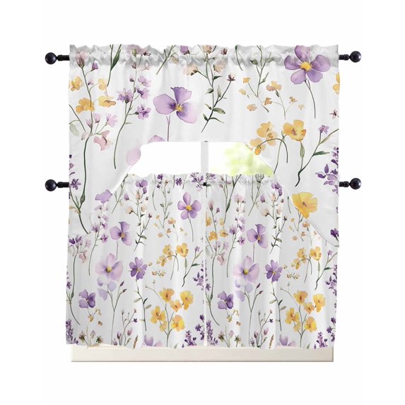 Purple Floral Blossom Kitchen Curtains Sets 24 Inch Length with Valance, Spring Rustic Botanical Swag Valances and Tiers Curtain Set Drapes Swag Curtains for Living Room, Bathroom, Bedroom, Cafe