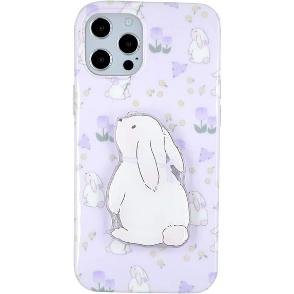 Purple Floral Bunny Phone Case for iPhone 12 Pro Max, Cute Korea 3D Rabbit Tulip Flower Cartoon Case with Rabbit Hold Stand for Women Girls