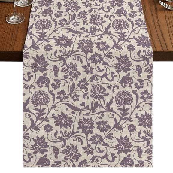 Purple Floral Burlap Cotton Table Runner 13x120 Inches Long, Spring Plants Flowers Vintage Rustic Farmhouse Table Runners, Outdoor Dining Tablecloths Decor for Baby Shower/Party/Wedding