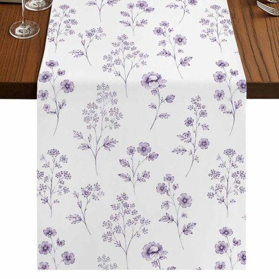 Purple Floral Burlap Cotton Table Runner 13x36 Inches Short, Watercolor Flowers Botanical Spring Rustic Farmhouse Table Runners, Outdoor Dining Table Decor for Baby Shower/Party/Wedding
