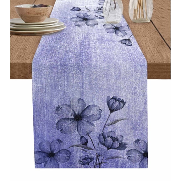 Purple Floral Burlap Cotton Table Runner 13x60 Inches Long, Vintage Botanical Gradient Pastel Painting Farmhouse Table Runners, Outdoor Dining Tablecloths Decor for Baby Shower/Party/Wedding