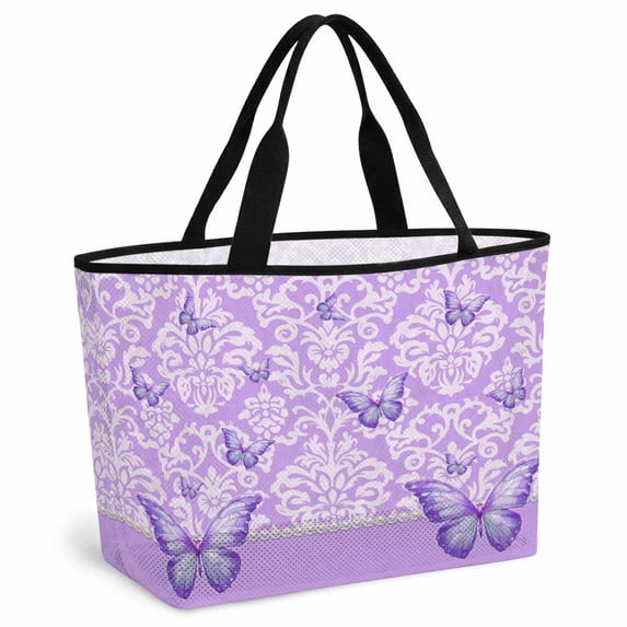 Purple Floral Butterflies Beach Bag for Women, Large Breathable Mesh Beach Tote Bag, Abstract Art Vintage Botanical Sandproof Lightweight Travel Bags for Vacation Picnic Swimming Pool