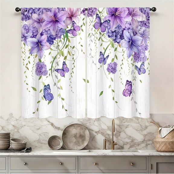 Purple Floral Butterfly Kitchen Curtain 2 Panel Rod Pocket Lilac Lavender Rustic Flower Small Short Cafe Tier Window Curtain Farmhouse Spring Treatment Drapes Bathroom Decor