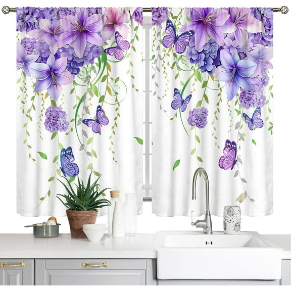 Purple Floral Butterfly Kitchen Curtains Rustic Flower Bathroom Window Curtains Farmhouse Spring Plant Small Short Curtains for Windows Rod Pocket Bathroom Curtains 2 Panels (26x36 Inch)