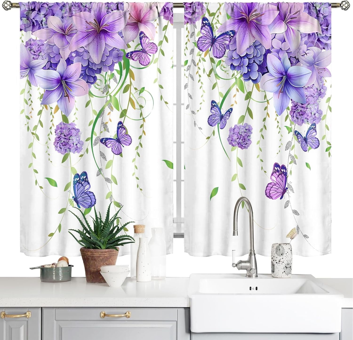 Purple Floral Butterfly Kitchen Curtains Rustic Flower Bathroom Window ...