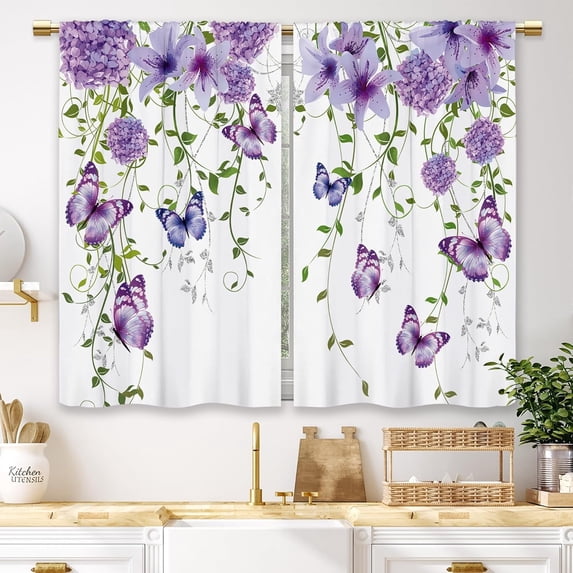Purple Floral Butterfly Kitchen Curtains Rustic Flower Small Short Cafe Window Curtains Farmhouse Spring Plant Botanical Rod Pocket Bathroom Window Drape Treatment Tier Curtains(27.5x39 Inch)