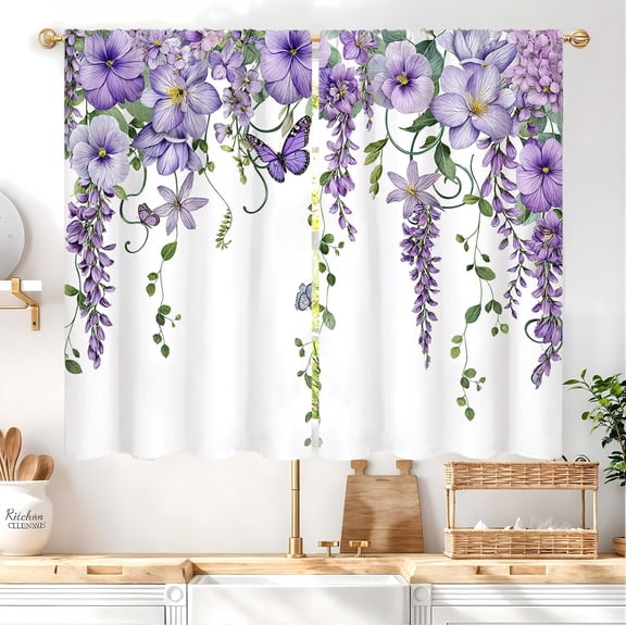 Purple Floral Butterfly Lavender Kitchen Curtains Rod Pocket Spring Lilac Flower Summer Small Short Cafe Tier Curtain For Bathroom Girl Window Treatment Drapes Decor 53"W x 96"L (Pack of 2)
