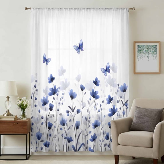 Purple Floral Butterfly Sheer Curtains 45 Inches Long, Spring Rustic Botanical Flowers Light Filering Curtains, Breathable Simi Curtain Privacy Drapes for Kitchen Bathroom Small Window Treatment