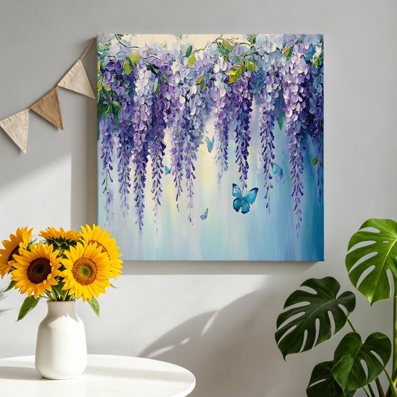 Purple Floral Canvas Wall Art for Living Room, Spring Blue Butterfly Romantic Wisteria Flower Colorful Poster Print Painting for Bedroom Office Home Decoration Wall Pictures Prepare To Hang 8"x8"