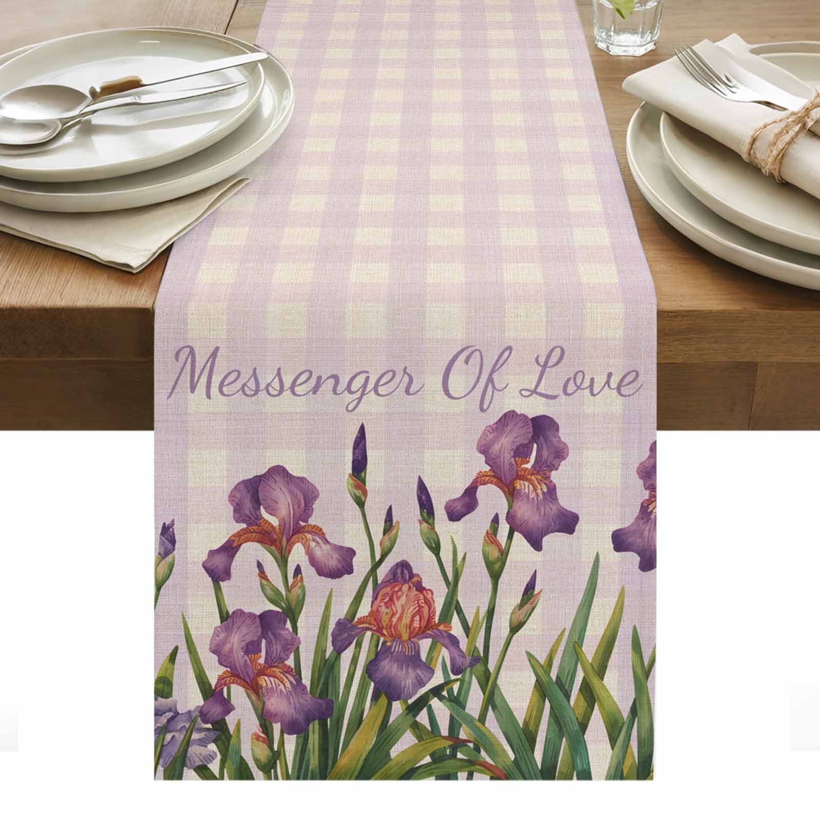 Purple Floral Checkered Table Runner - 108 Inch Long, Kitchen Dining ...