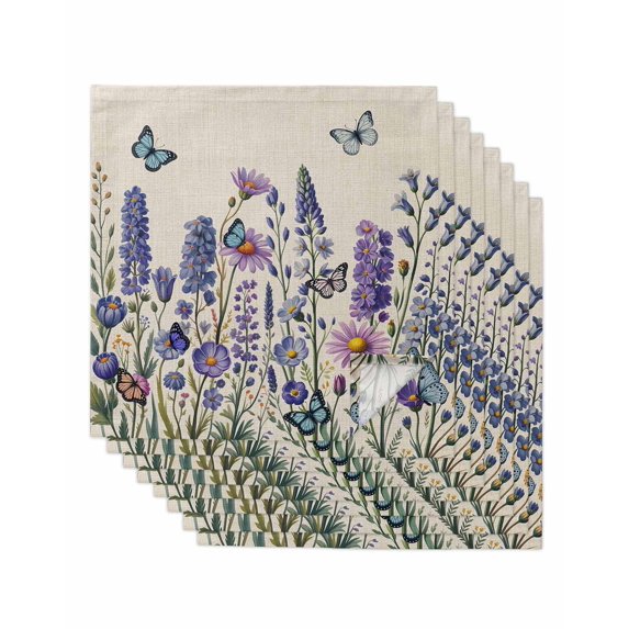 Purple Floral Cloth Napkins Set of 8 Reusable Dinner Napkins, Spring Lavender Daisy Butterflies Botanical Beige Cocktail Napkin Washable Table Napkins for Wedding/Holiday Party/Baby Shower 20"x20"