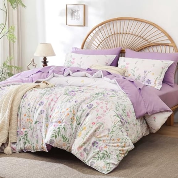 Purple Floral Comforter Set Queen Size 7 Piece Cute Flower Comforters Bed in a Bag Lavender Soft Microfiber Complete Aesthetic Botanical Bedding Set with Sheets for Women Girls