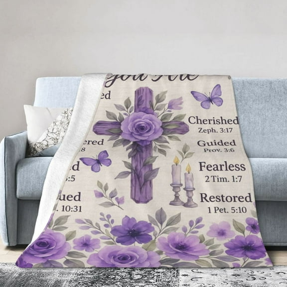 Purple Floral Cross With Prayer Words Flannel Blanket for Adults – Cozy Throw for Sofa Bed or Office Use for All Seasons 50x40