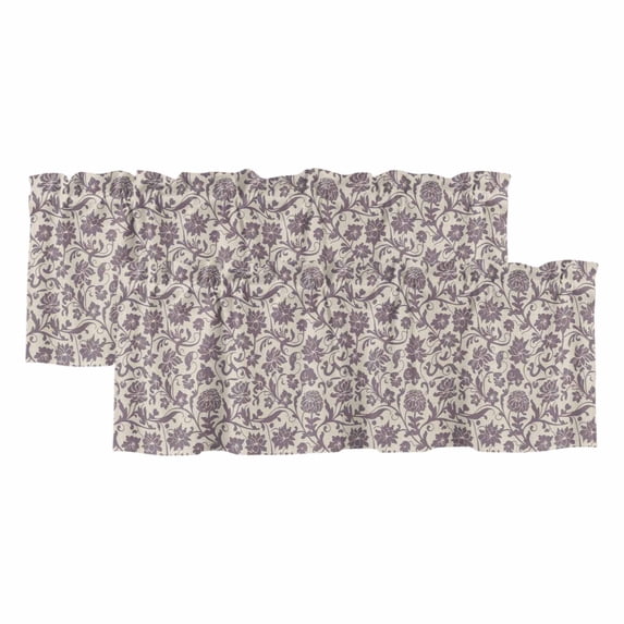 Purple Floral Curtain Valances for Windows, Kitchen Valance Window Treatments Panel 2 Pack, Spring Plants Flowers Vintage Rustic Rod Pocket Short Curtains for Bathroom Bedroom 60 x 18 Inch