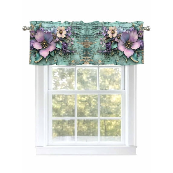 Purple Floral Curtain Valances for Windows, Spring Leaves Botanical Vintage Walls Kitchen Valance Window Treatment, Light Filtering Block Curtains for Bathroom/Bedroom/Living Room 60'' x 18''