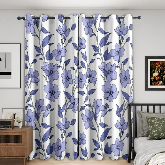 Purple Floral Curtains, Flower Leaves Blackout Curtains For Bedroom Living Room Home Decor, Leaf Botanical Patterned Grommet Drapes 38"W x 45"L