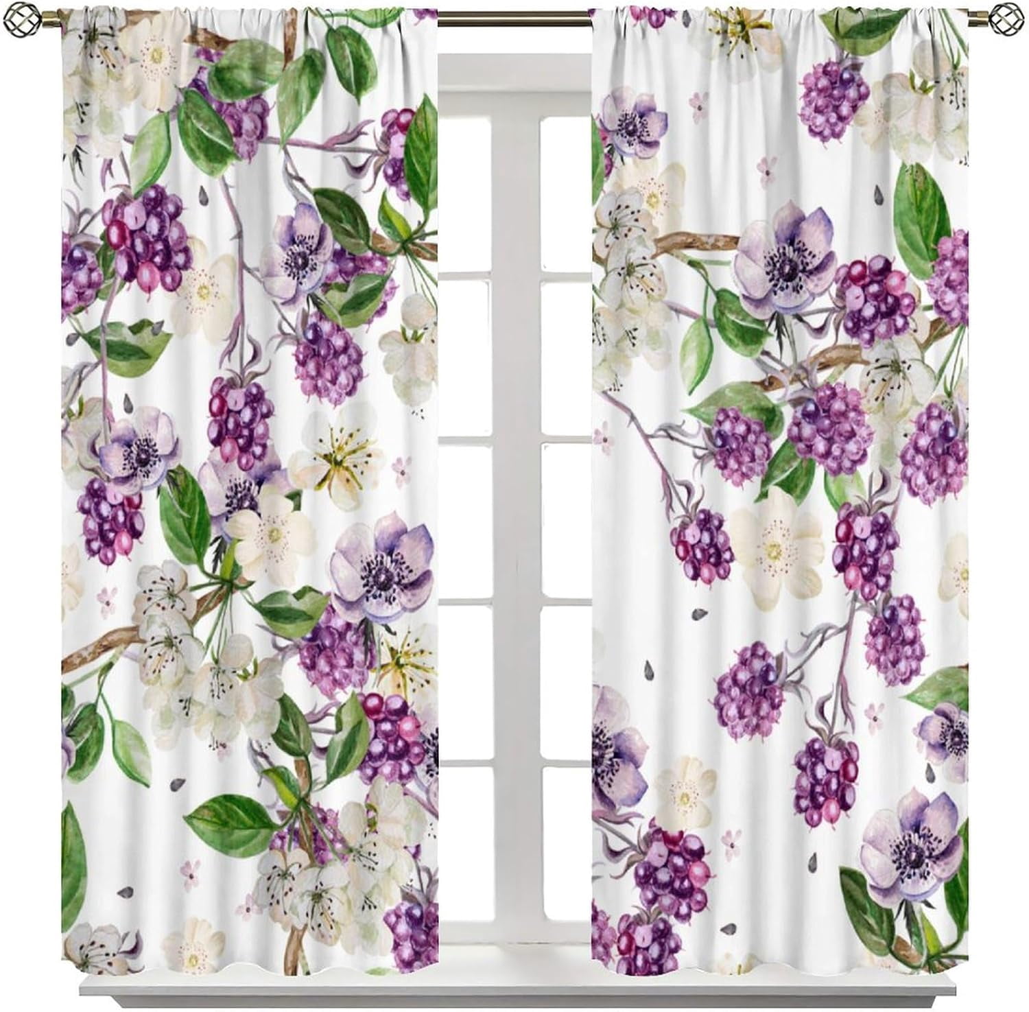 Purple Floral Curtains Spring Watercolor Flowers BlackBerry and Anemone Pattern Print Living Room Curtains for Women Girls Room Window Blackout Curtains 84x84 Inches 2 Panels