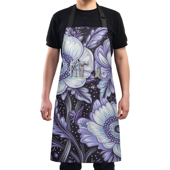 Purple Floral Design Chef Kitchen Apron with Pockets for Women Waterproof Aprons for Cooking Baking