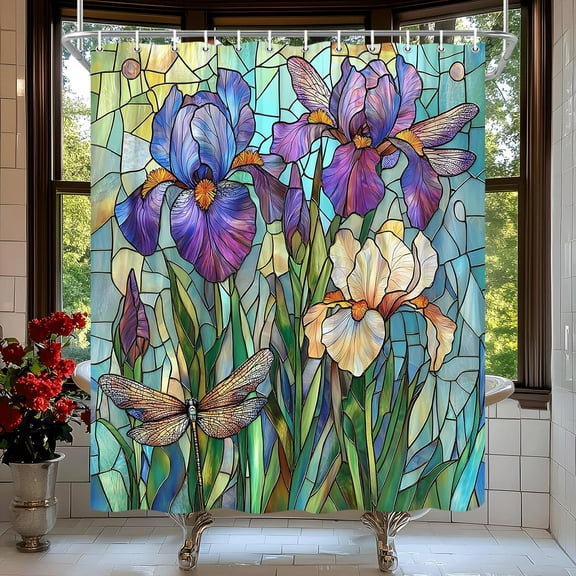 Purple Floral Dragonfly Shower Curtain Stained Glass Artistic Iris Green Leaves Abstract Plant Spring Summer Botanical Bath Curtain Bathroom Decor with Hooks-60"W x 72"L (Pack of 1)