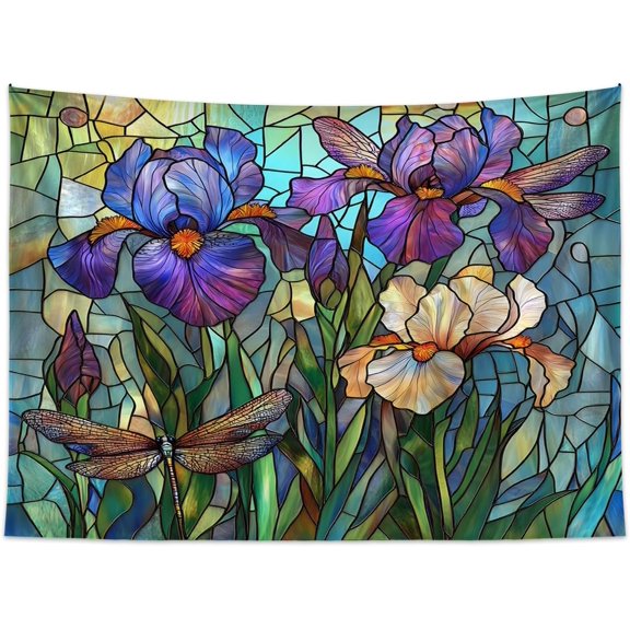 Purple Floral Dragonfly Tapestry Stained Glass Artistic Iris Green Leaves Abstract Nature Plant Spring Summer Modern Botanical Wall Decor Home Decoration for Bedroom Living Room Dorm 40W30L inches