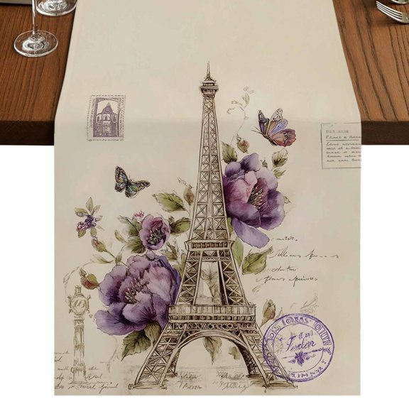 Purple Floral Eiffel Tower Burlap Cotton Table Runner 13x48 Inches Long, Vintage Butterfles Flowers Farmhouse Table Runners, Outdoor Dining Tablecloths Decor for Baby Shower/Party/Wedding