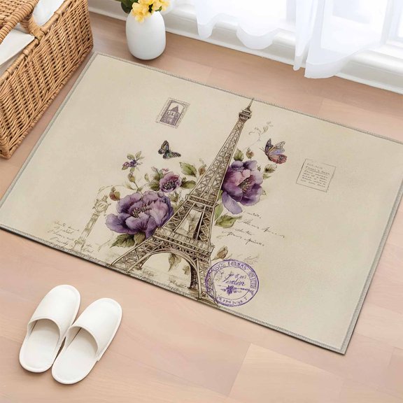 Purple Floral Eiffel Tower Entryway Rug 2'x3' Non Slip Front Door Mats, Vintage Butterfles Flowers Entrance Rugs Indoor Outdoor Carpet, Washable Floor Mats Small Area Rug for Bedroom Kitchen
